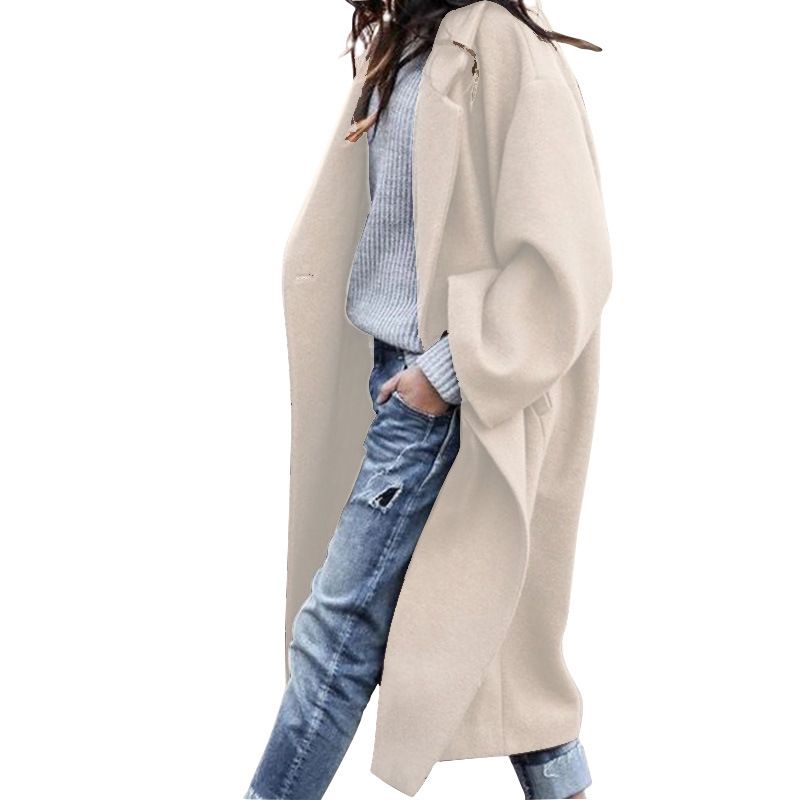 Casual Long Jacket With Pockets Solid Color Single Breasted Lapel Woolen Coat Warm Winter Clothing