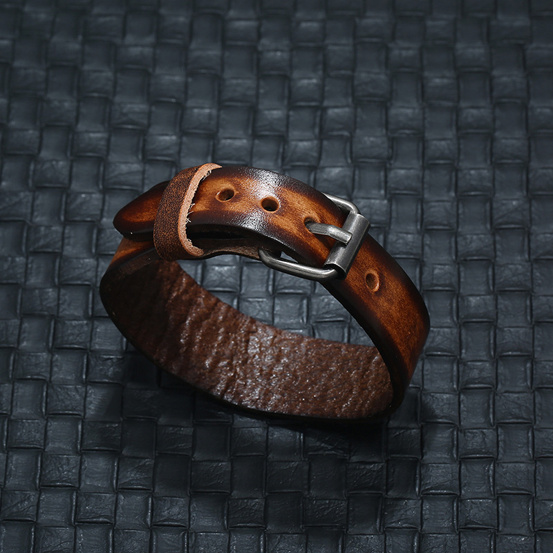 Punk Style Retro Vintage Wrap Buckle Genuine Leather Bracelet Adjustable Men Wide Belt Wristband Bangles Jewelry