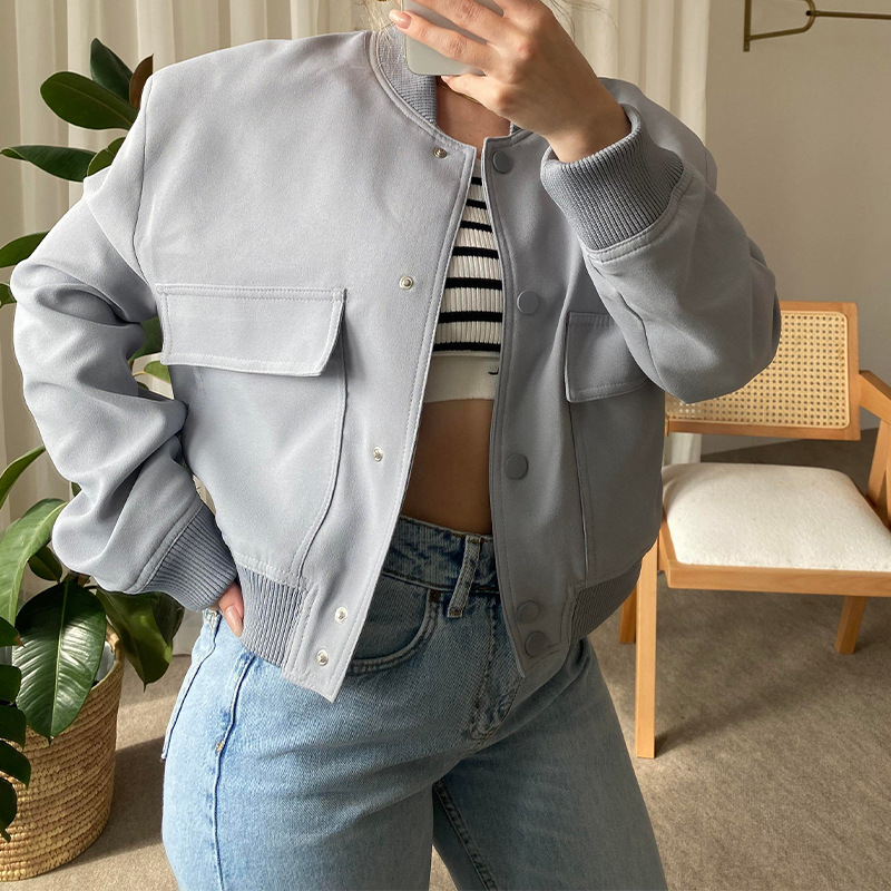 Button Stand-collar Jacket With Big Pockets Casual Loose Short Outwear Tops Coat Clothing