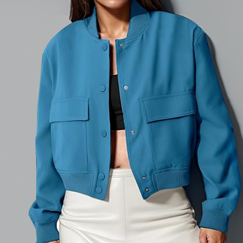 Button Stand-collar Jacket With Big Pockets Casual Loose Short Outwear Tops Coat Clothing