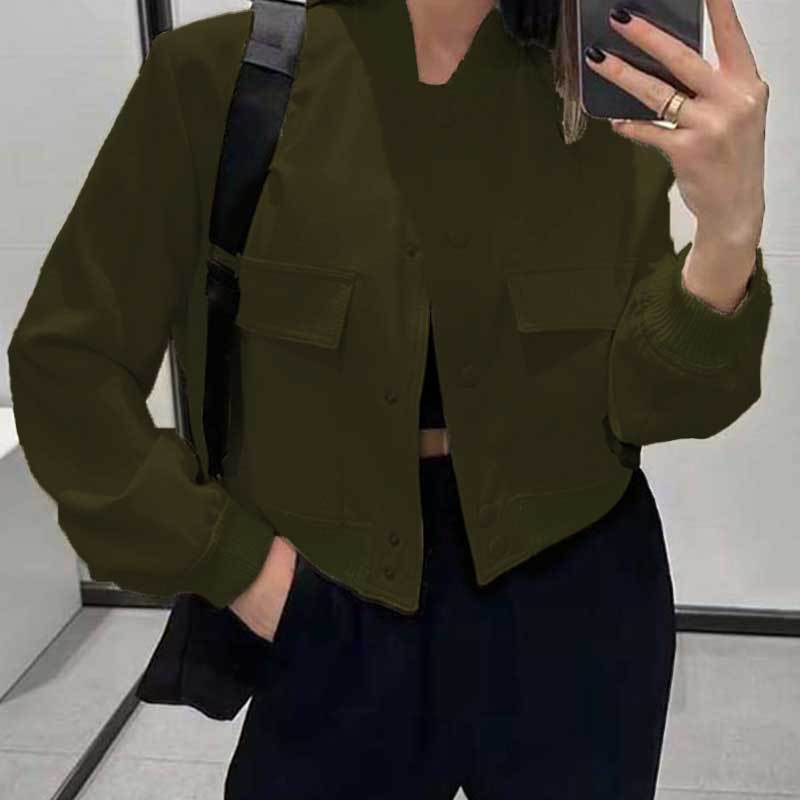 Button Stand-collar Jacket With Big Pockets Casual Loose Short Outwear Tops Coat Clothing