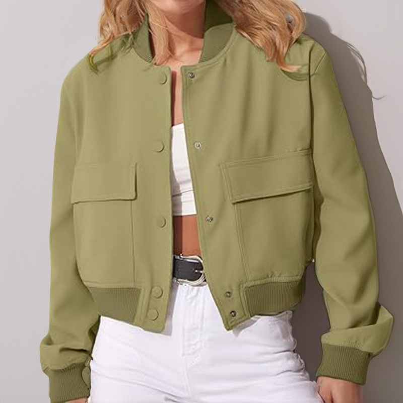 Button Stand-collar Jacket With Big Pockets Casual Loose Short Outwear Tops Coat Clothing