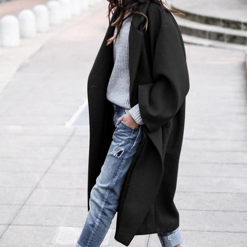 Casual Long Jacket With Pockets Solid Color Single Breasted Lapel Woolen Coat Warm Winter Clothing
