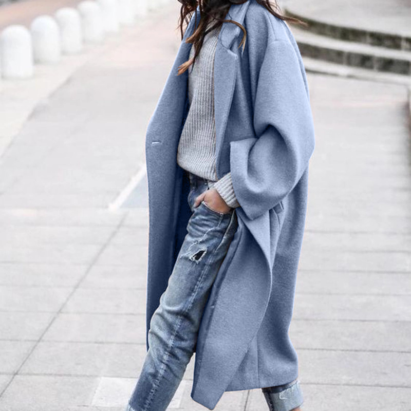 Casual Long Jacket With Pockets Solid Color Single Breasted Lapel Woolen Coat Warm Winter Clothing