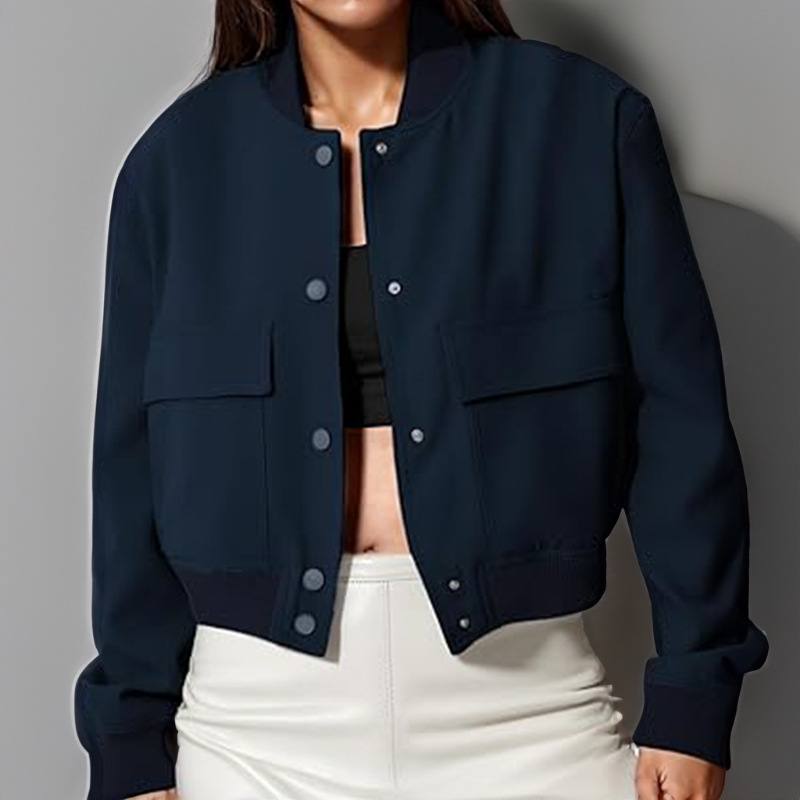 Button Stand-collar Jacket With Big Pockets Casual Loose Short Outwear Tops Coat Clothing
