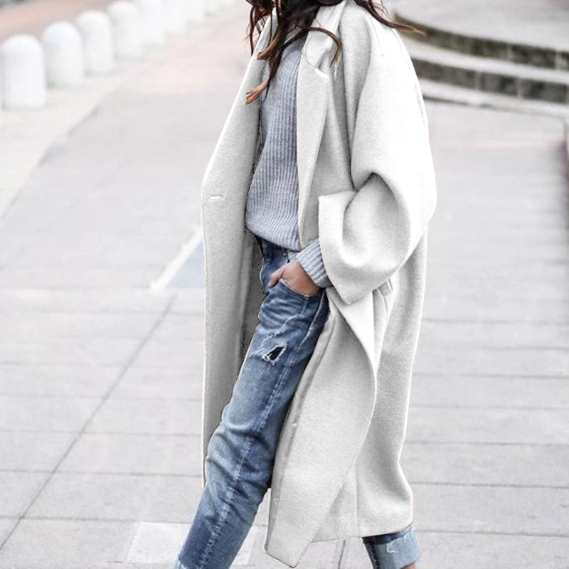 Casual Long Jacket With Pockets Solid Color Single Breasted Lapel Woolen Coat Warm Winter Clothing