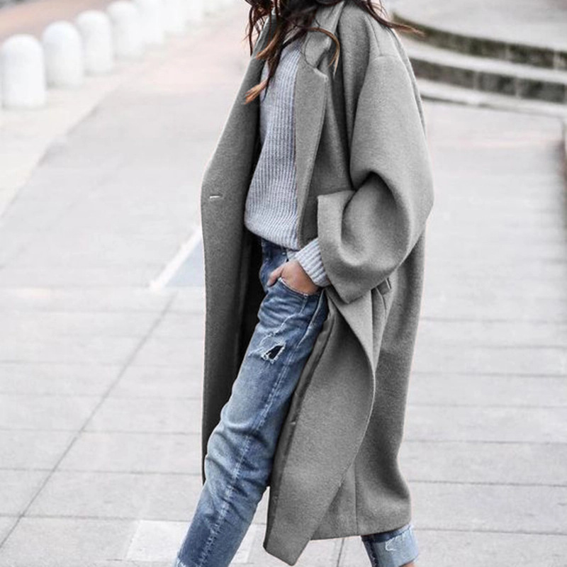 Casual Long Jacket With Pockets Solid Color Single Breasted Lapel Woolen Coat Warm Winter Clothing
