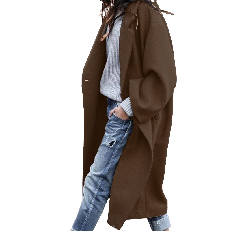 Casual Long Jacket With Pockets Solid Color Single Breasted Lapel Woolen Coat Warm Winter Clothing
