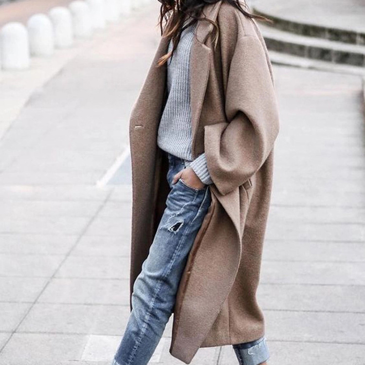 Casual Long Jacket With Pockets Solid Color Single Breasted Lapel Woolen Coat Warm Winter Clothing