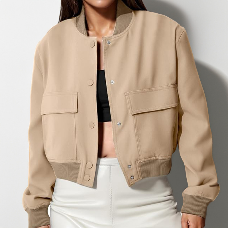 Button Stand-collar Jacket With Big Pockets Casual Loose Short Outwear Tops Coat Clothing