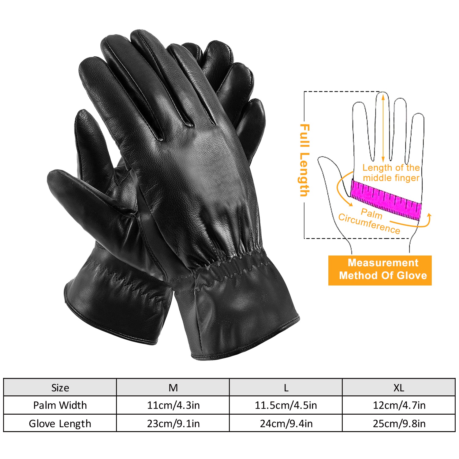 1pair Unisex Black Leather Gloves Winter Warm Windproof High Quality Soft Gloves Outdoor Cycling Skiing Running Motorbike Gloves