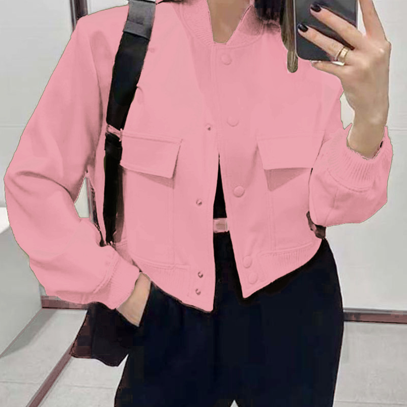 Button Stand-collar Jacket With Big Pockets Casual Loose Short Outwear Tops Coat Clothing