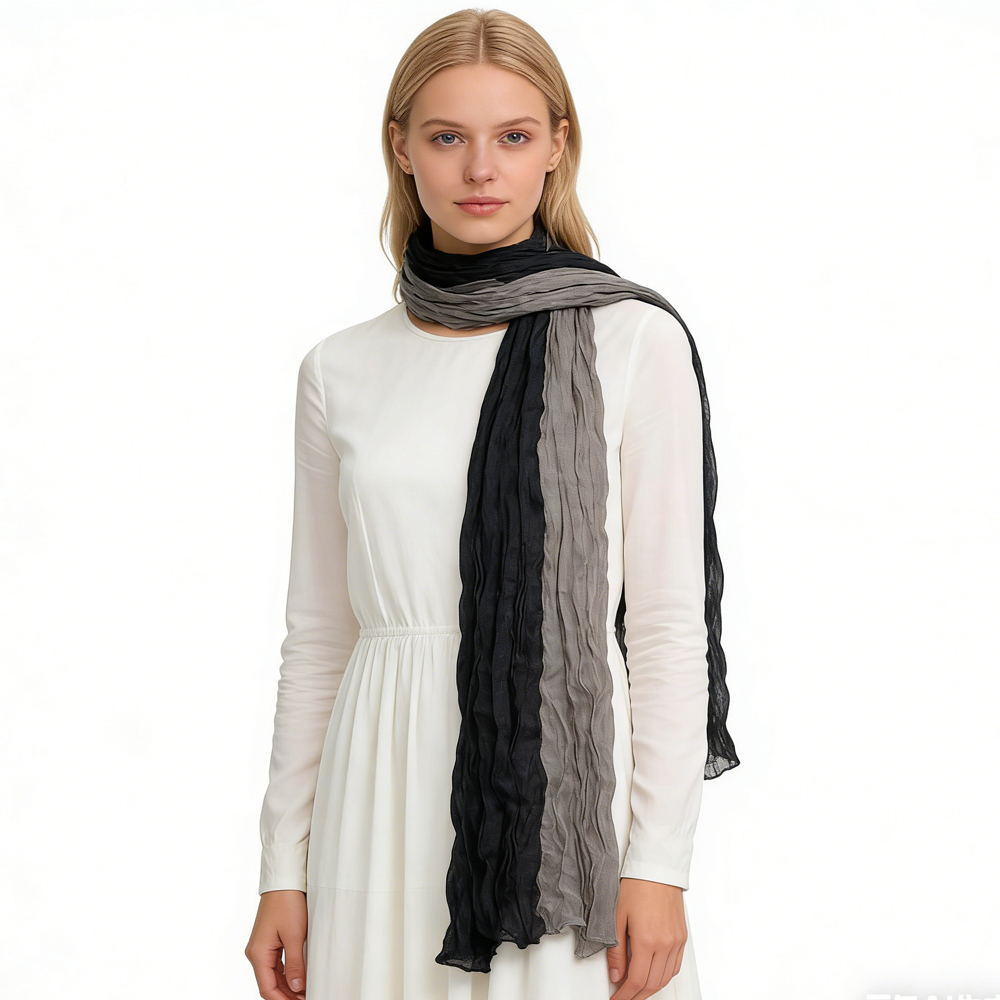 Textured Casual Scarf, Khaki Black Crinkle Scarf