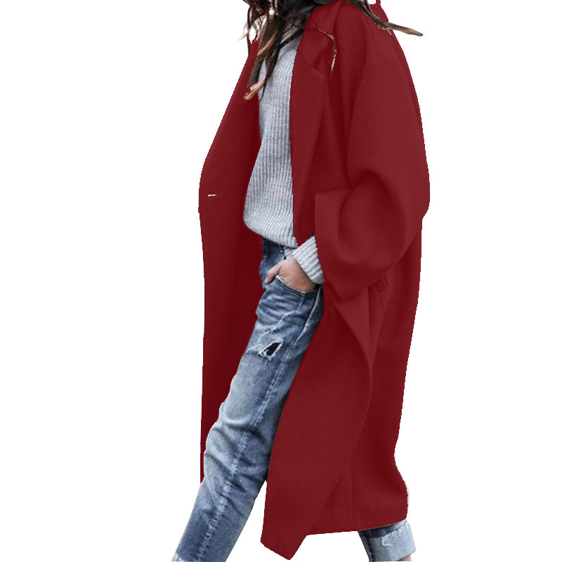Casual Long Jacket With Pockets Solid Color Single Breasted Lapel Woolen Coat Warm Winter Clothing