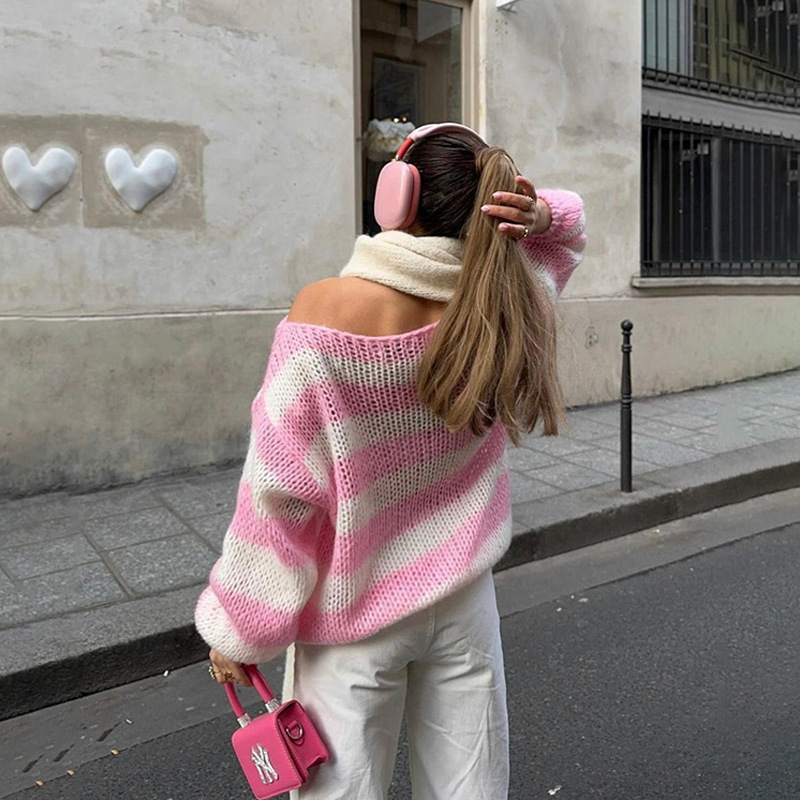 Loose Striped Pullover Sweater Versatile Long-sleeved Knitted Tops Clothing