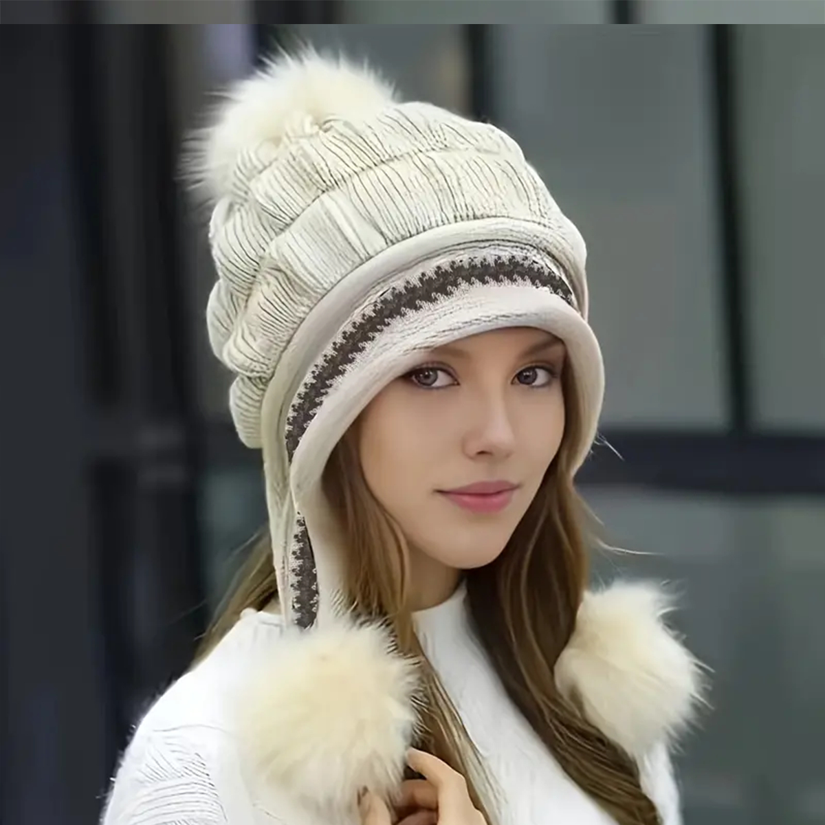 Cozy Knit Fleece-feel Beanie With Ear Flaps & Pompom Warm Winter Hat Perfect For Skiing & Outdoor Activities