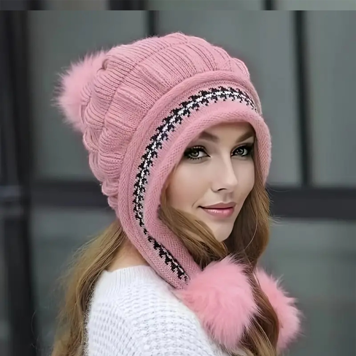 Cozy Knit Fleece-feel Beanie With Ear Flaps & Pompom Warm Winter Hat Perfect For Skiing & Outdoor Activities