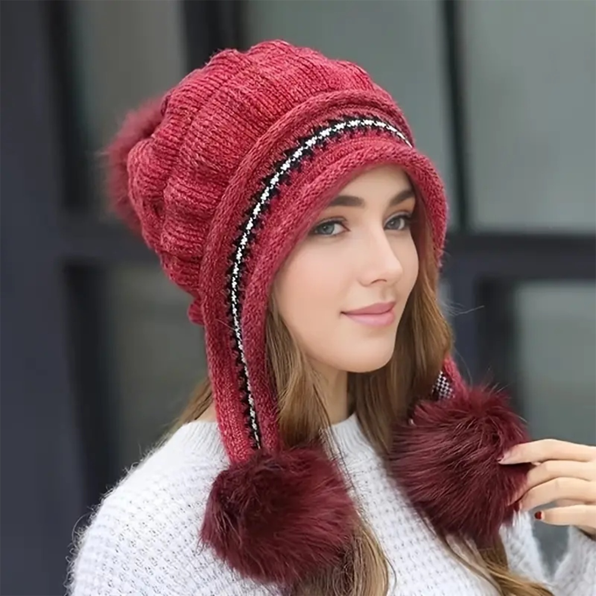 Cozy Knit Fleece-feel Beanie With Ear Flaps & Pompom Warm Winter Hat Perfect For Skiing & Outdoor Activities