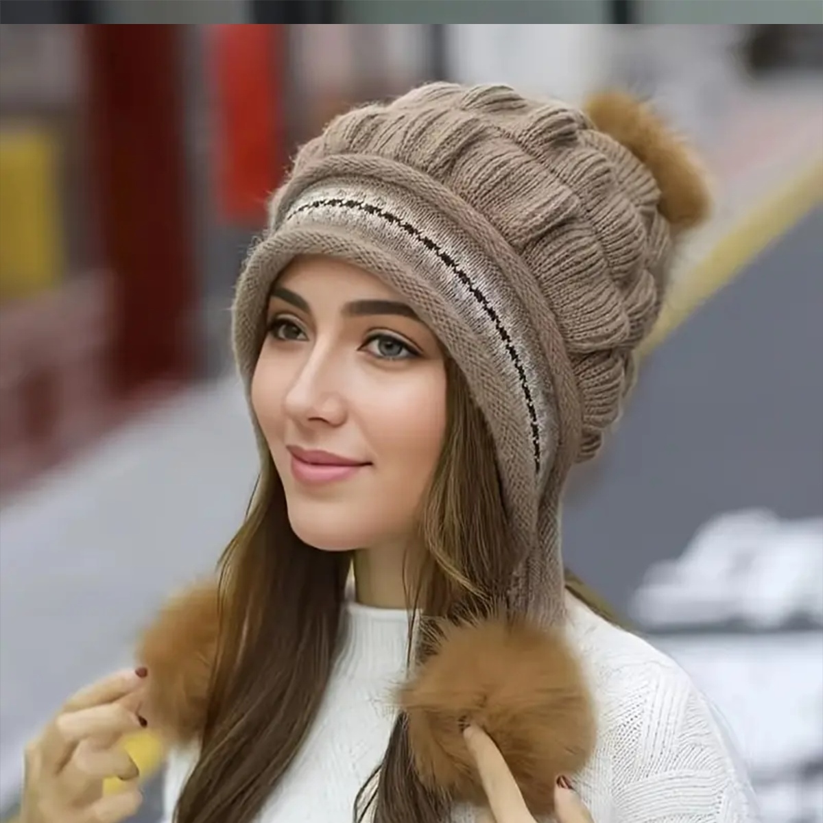 Cozy Knit Fleece-feel Beanie With Ear Flaps & Pompom Warm Winter Hat Perfect For Skiing & Outdoor Activities