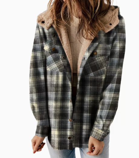 Casual Plaid Hooded Woolen Coat Thickened Fleece-lined Warm Jacket